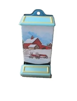 Vintage JASCO Tin Match Box Holder Snowy Red Barn And Wagon Must See! • $12