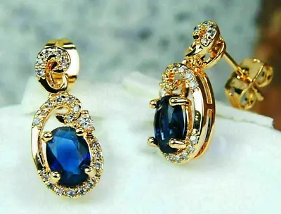 Lab Created Blue Sapphire 2Ct Oval Cut Women Stud Earring 14K Yellow Gold Plated • $97.99