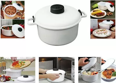 White Microwave Rice Cooker With Cup Pasta Veg Fish Meat Steamer Pressure Cooker • £10.77