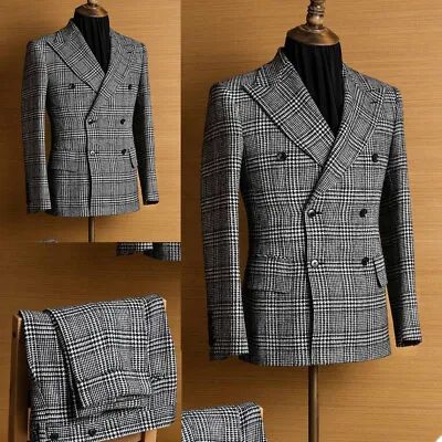 Business Men Suits Slim Fit Houndstooth Coat Peak Lapel Blazer Double Breasted • $94.99