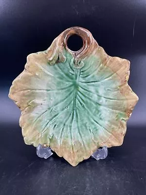 Antique Majolica Leaf Dish Plate Nappy Dish W Twig Handle Victorian • $34