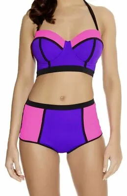 Freya Bondi Bikini Set 30DD XS Longline Padded Strapless Top High Waist Brief • £16.89