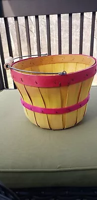 Vintage Red Yellow Wooden Apple / Egg Gathering 1/2 Bushel Basket Wood Handle • $15