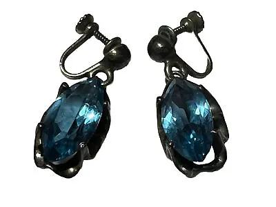 Mexico Sterling Silver Topaz Crystal Mid Century Modern Glass Dangle Earrings • $85