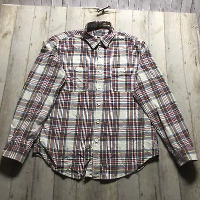 J Crew Flannel Shirt Mens Large White Red Plaid Long Sleeve Button Up Pockets • $22.88