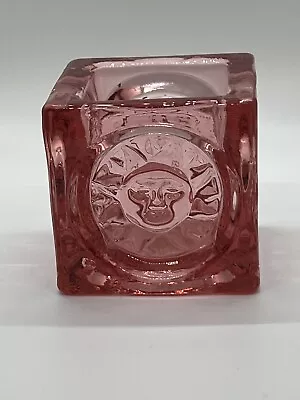 Viking Glass Cube Votive Candle Holder Pink Celestial Sun Face • $60