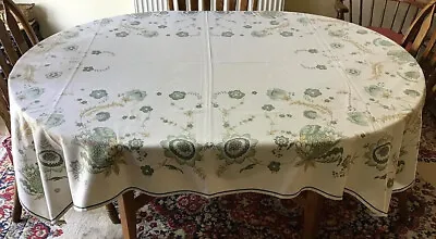 £24 • Buy Large French Floral Tablecloth White With Green Design And Edge Piping.