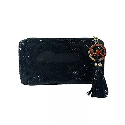 Michael Kors Black Faux Embossed Snakeskin Gold Tone Tassle Charm Cosmetic Bag • $23.99