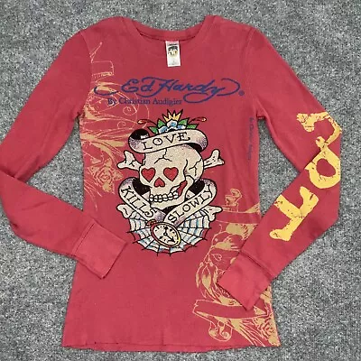 Ed Hardy X Christian Audigier T-Shirt Womens Size S Red Waffle Knit Beaded • £95.42