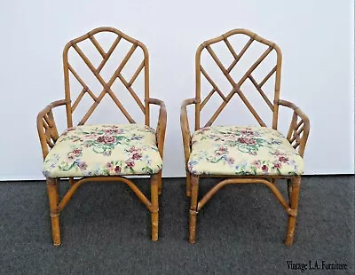 Pair Of Vintage Mid Century Chinese Chippendale Bamboo Rattan Accent Chairs • $660