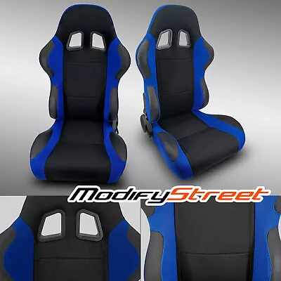 2 X BLUE+BLACK PINEAPPLE FABRIC/PVC LEATHER RACING BUCKET SEATS + SLIDER PAIR • $302.98