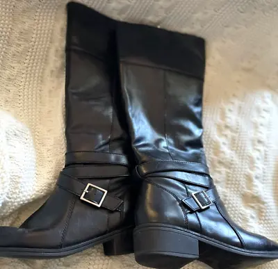 ARIZONA Black Riding Boots Women’s Zip Silver Buckle Elastic On Side Size 8.5M • $24.95