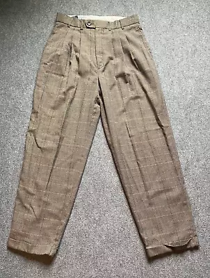 VTG Vintage Mens Plaid Linen Blend Houndstooth Pants Brown Tan Slacks Size 32x31 • $25