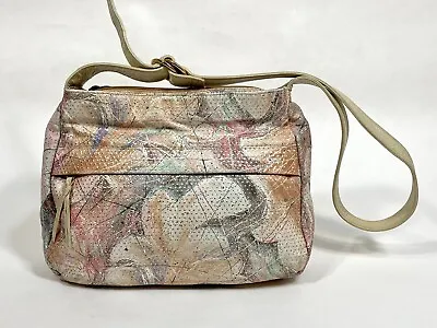 Vintage 1980's Pastel Marble Paint & Gold Dot Pattern Leather Shoulder Purse Bag • $25