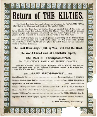 RETURN OF THE KILTIES ... AUSTRALIA 1908 Performance By The COOTAMUNDRA KILTIES • £141.91