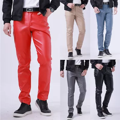 Mens Motorcycle Skinny Straight Faux Leather Pants Slim PU Leather Trousers AU • $10.03