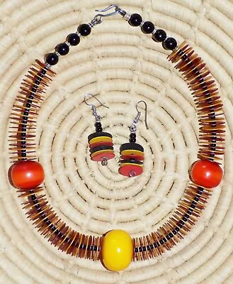 African Resin & Heishi Choker & Earrings Set Jnha12 • $15.97