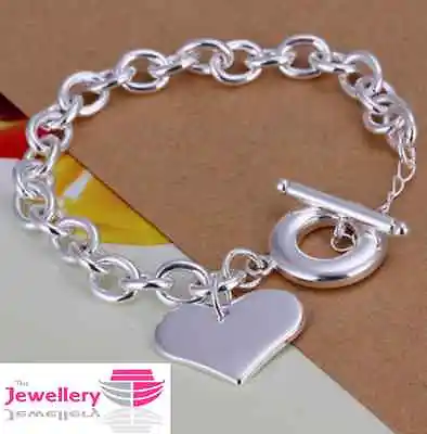925 Sterling Silver Single Heart Charm Bracelet Jewellery Womens Ladies Gifts • £5.35