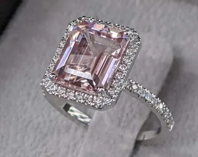 3CT Emerald Cut Pink Morganite Halo Engagement Ring In 14K White Gold Over 925 • $84.99