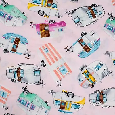 Campers Cotton Quilting Fabric BTHY Retro Glamping Pink Kitschy Half Yard • $7.18