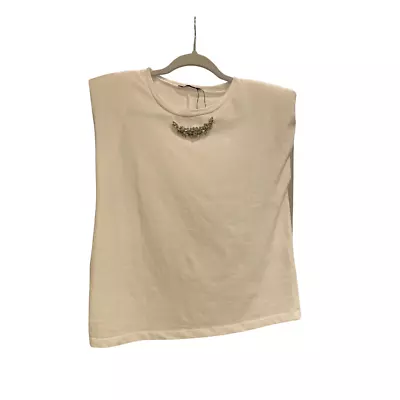 Zara White Sleeveless T Shirt Women’s Size Small With Shoulder Pads • $19.99