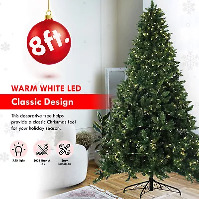 8ft Artificial Holiday Standing Xmas Christmas Tree + WHT LED Prelit Light Decor • $149.99