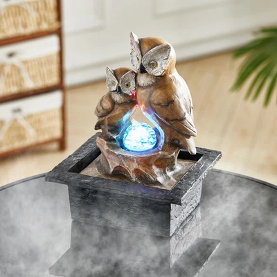 £19.95 • Buy Tabletop Owl Water Feature Fountain Electric LED Rotating Ball Resin Statue Deco