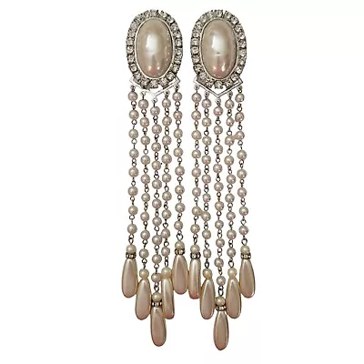 Lawrence VRBA Large Faux Pearl Clear Rhinestone Oval Dangle Clip Earrings E731 • $325