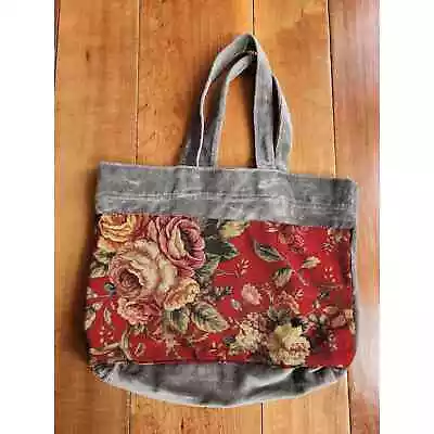 Vintage 1990's Grey Velvet And Red Tapestry Floral Tote Bag • $20