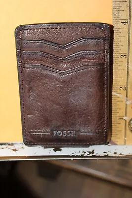 Fossil Mens Brown Leather Minimalist Magnetic Card Holder Wallet • $10