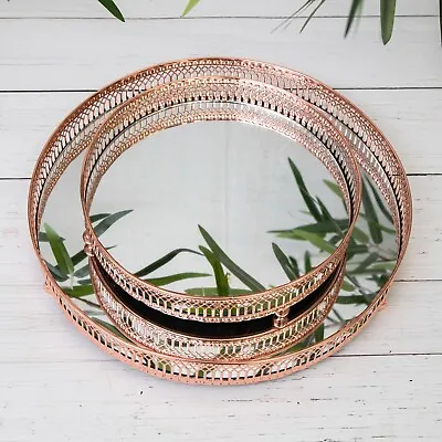 Copper Rose Gold Round Mirror Glass Vintage Metal Plate Drinks Display Tray • £11.95
