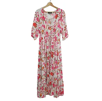 Ivory Size 12 White Pink Floral Half Sleeve Peasant Drawstring Tiered Maxi Dress • $34.95