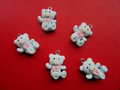£3.49 • Buy Teddy Bear Resin Charms Pendants Baby Blue It's A Boy X 5