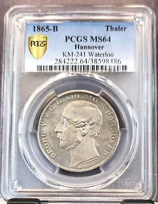 1865 Germany Silver 1 Thaler Hannover Waterloo Pcgs Ms 64 Rare Bu Taler • $789.95