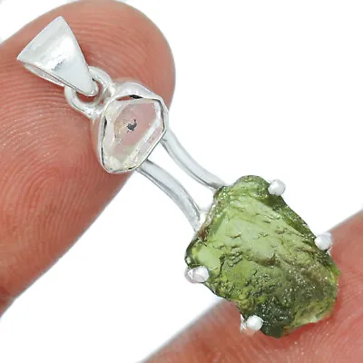 Natural Genuine Czech Moldavite & Herkimer Diamond 925 Silver Pendant CP15831 • $39.99