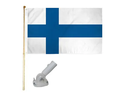 5' Wood Flag Pole Kit W/ Nylon White Bracket 3x5 Finland Country Polyester Flag • $29.88