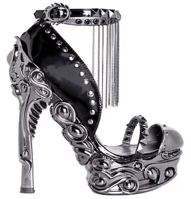 Hades EROS Black Studs Chains 6  High Ornate Chrome Heels Platform Ankle Strap • $169