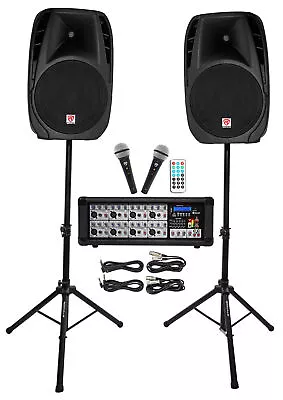 Rockville RPG2X15 Package PA System Mixer/Amp+15  Speakers+Stands+Mics+Bluetooth • $594.95