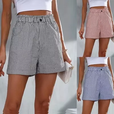 UK Ladies Holiday High Elastic Waist Hot Pants Striped Summer Pocket Shorts Size • £9.99