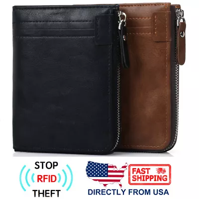 Men's RFID Blocking ID Window Zipper Pocket Leather Bifold Wallet • $18.50