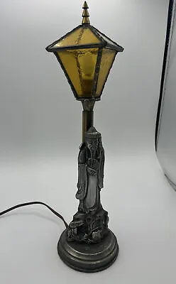 Antique Vintage Figural Lamp Asian Man Spelter Statue Amber Glass Lamp Works • $100