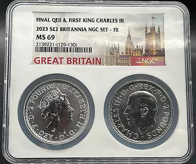 2023 £2 Great Britain 1 Oz Silver Britannia Queen & King 2 Coin Set NGC MS69 • $65