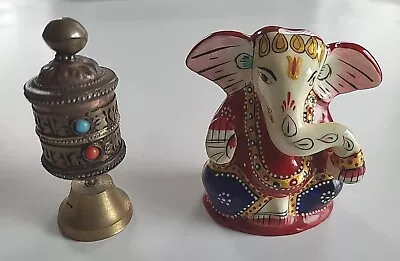 Ganesha Statue Metal Elephant & Brass Copper Spinning Prayer Wheel 2-2.5  Tall • $22