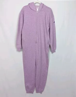Fabletics Sz. L Forever Fleece Hooded Onepiece Purple Leopard  Zip Up Pajamas • £48.25