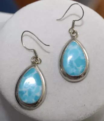 Vintage Large Sterling Silver Teardrop Larimar Earrings Mexico • $12.39