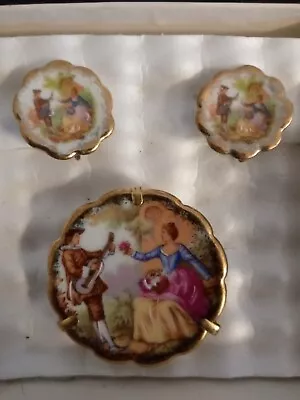 Vintage Limoges France Painted Miniature Plate Brooch & Screw On Earrings • £4.82