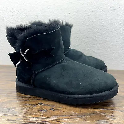 UGG Womens Boots 8 Jackee Bling Rhinestones Short Black Suede Shearling Fur Bow • $23.93