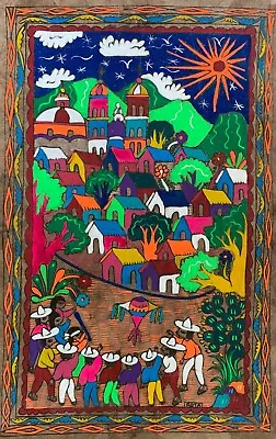 $29.99 • Buy 15 1/2 X 23  Mexican Tradition Folk Art Amate Bark Hanging House Painting Aztec