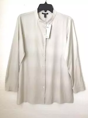 Eileen Fisher Mandarin Collar Silk Boxy Shirt Long Sleeve Bone SZ XXS New $258 • $56.94