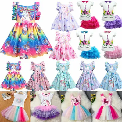 Baby Girls' Unicorn Skater Dress Kids Party Tutu Tulle Dresses Age 3-9 Years Old • £10.79